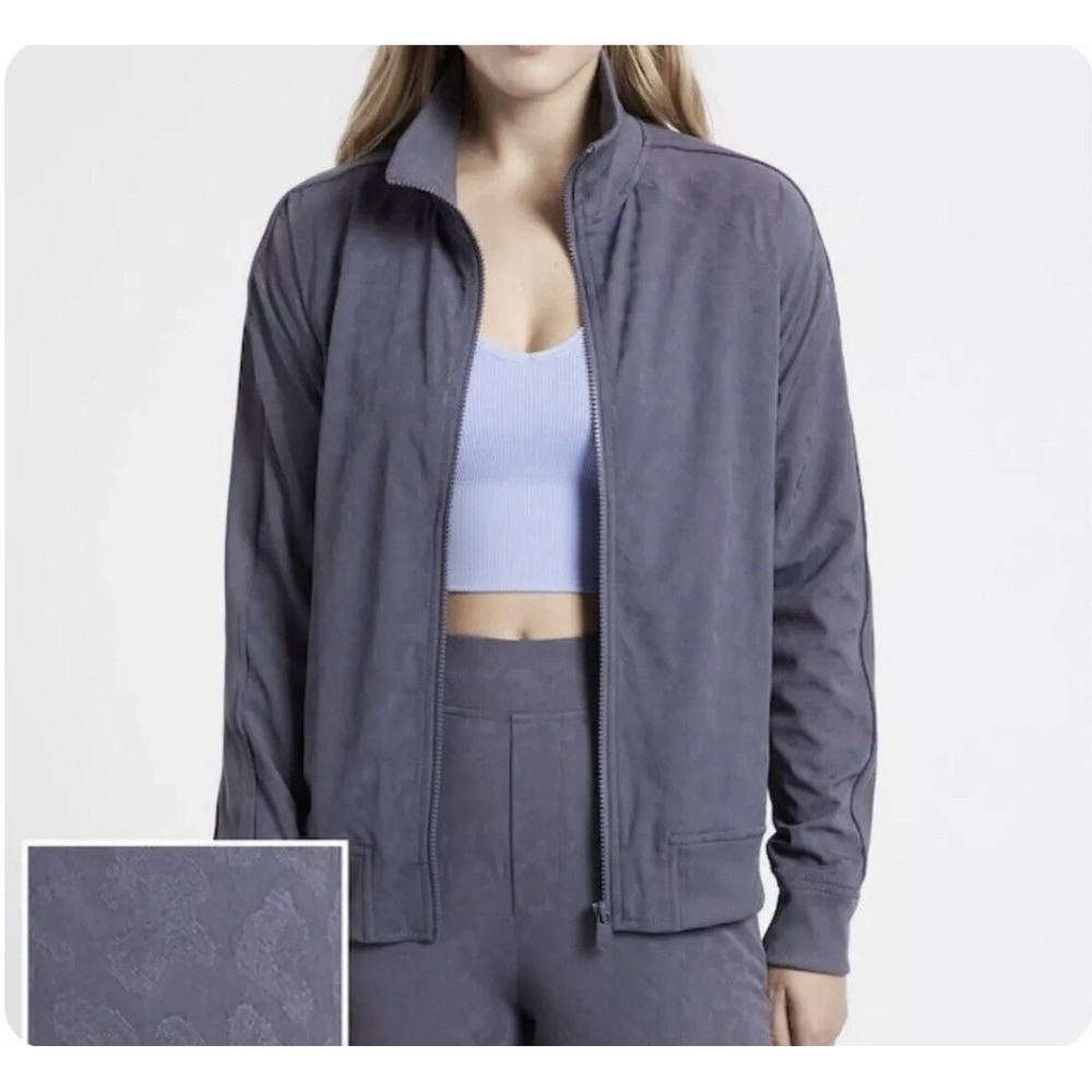 Athleta Brooklyn Bomber Jacket Leopard Medieval Violet Size Small Tall #981248